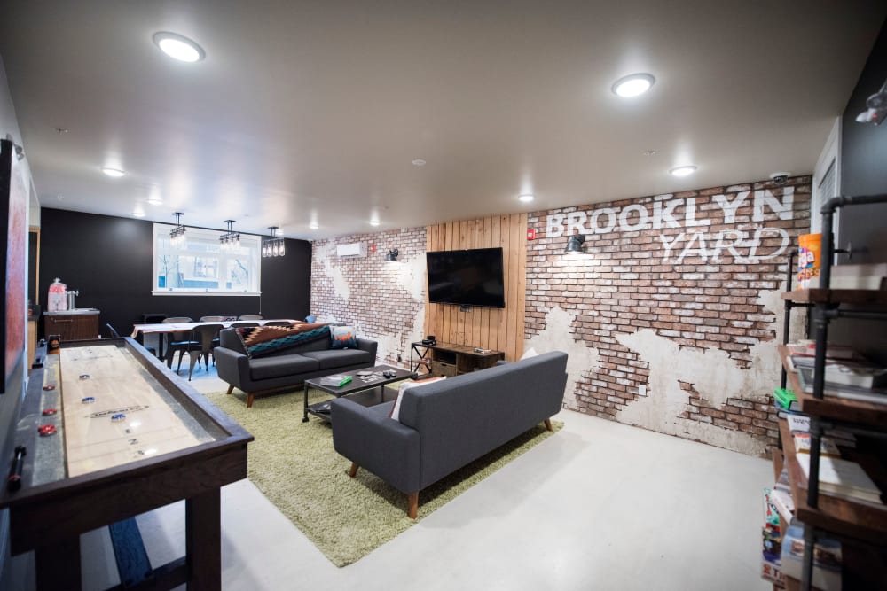 Game room in the clubhouse at Brooklyn Yard in Portland, Oregon