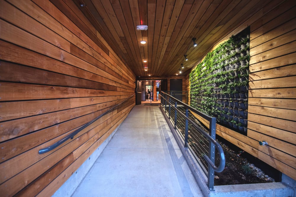 Green interiors with planted walls at Brooklyn Yard in Portland, Oregon