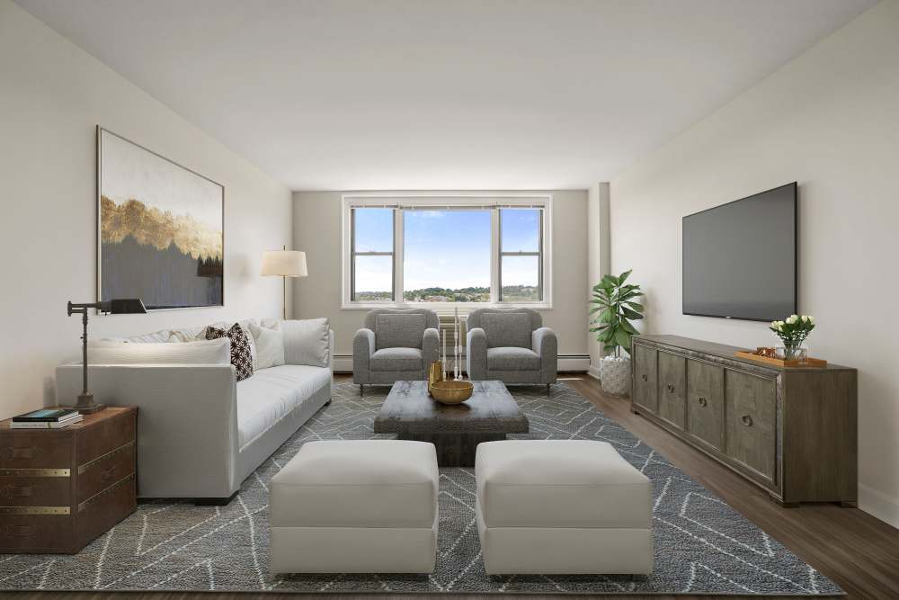 Two bedroom living space with lots of windows at Parkside Place in Cambridge, Massachusetts