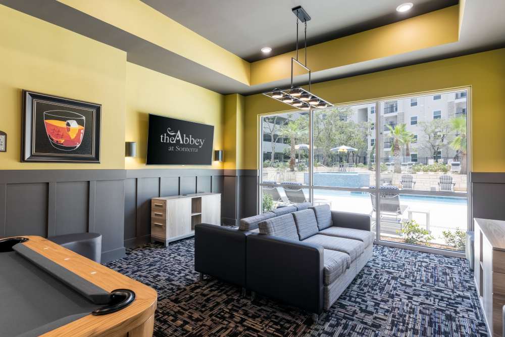 Game room seating at The Abbey at Sonterra in San Antonio, Texas