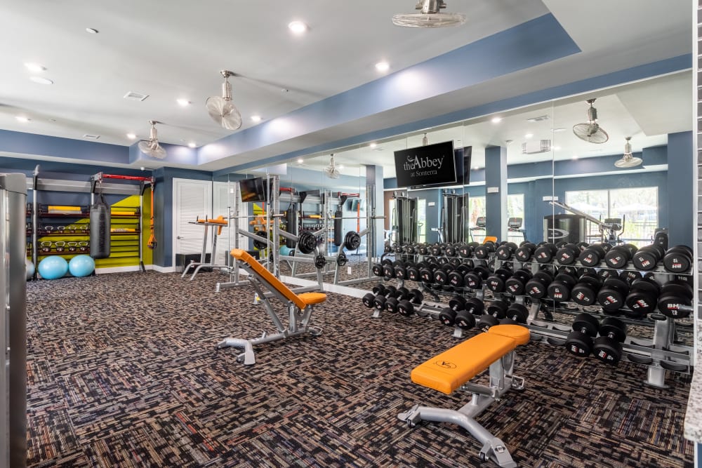 Modern fitness center at The Abbey at Sonterra in San Antonio, Texas
