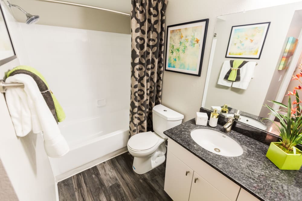 Bathroom with shower and large vanity mirror at 4127 Arcadia in Phoenix, Arizona