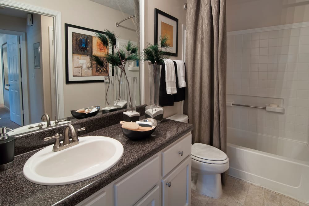 Nicely decorated bathroom featuring a shower and bathtub at Bellingham Apartment Homes in Marietta, Georgia