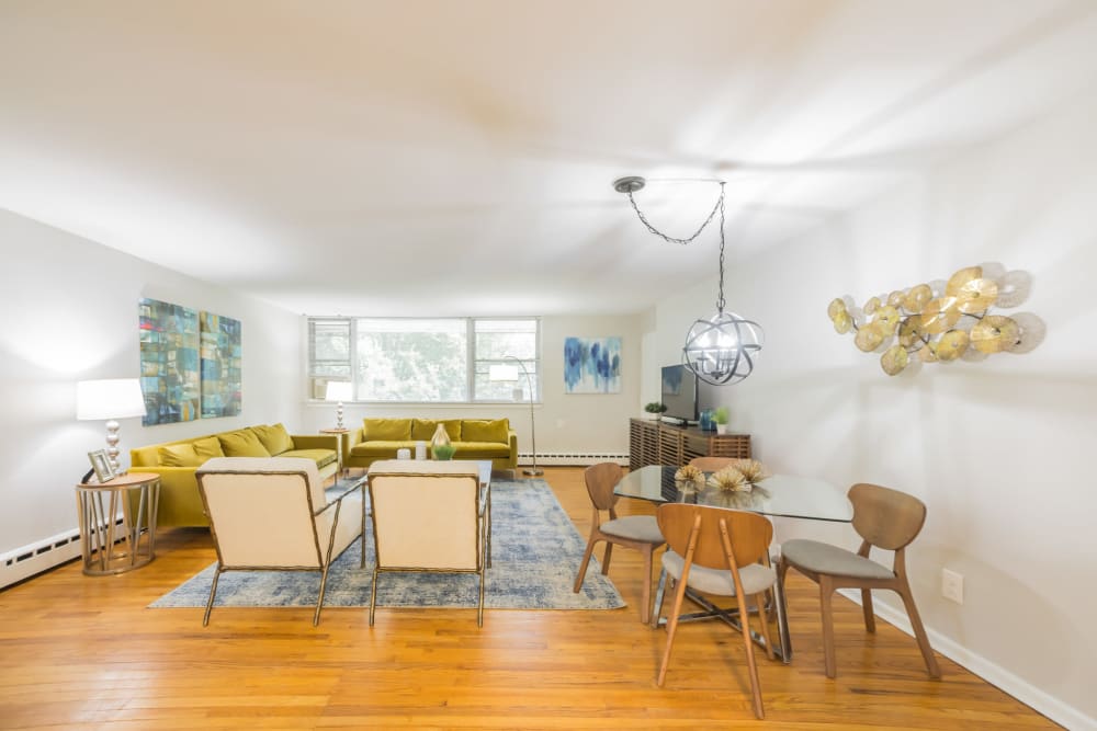 Living room and dining area with hardwood floors and lots of natural light from windows in an apartment at Cherokee Apartments in Philadelphia, Pennsylvania