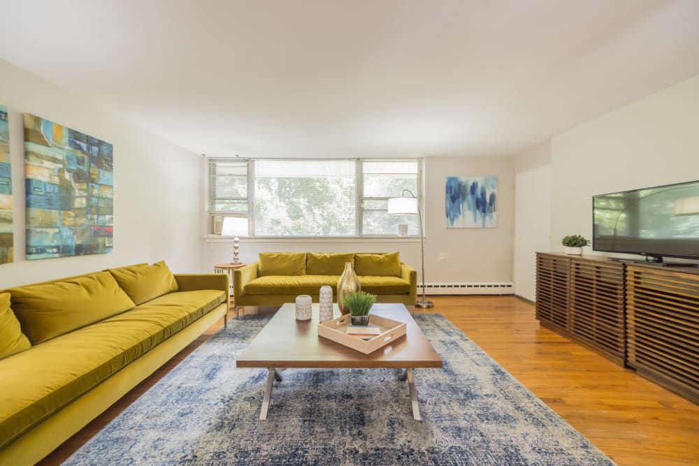 Stylish living room featuring hardwood floors, couches In an apartment at Cherokee Apartments in Philadelphia, Pennsylvania