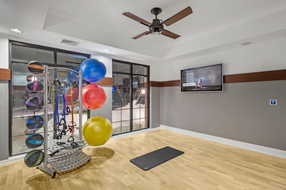 Exercise equipment in fitness room at Bradlee Danvers in Danvers, Massachusetts