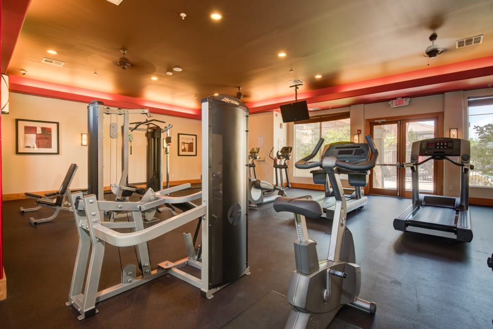 Modern exercise equipment are featured in the fitness center at Broadstone Towne Center in Albuquerque, New Mexico