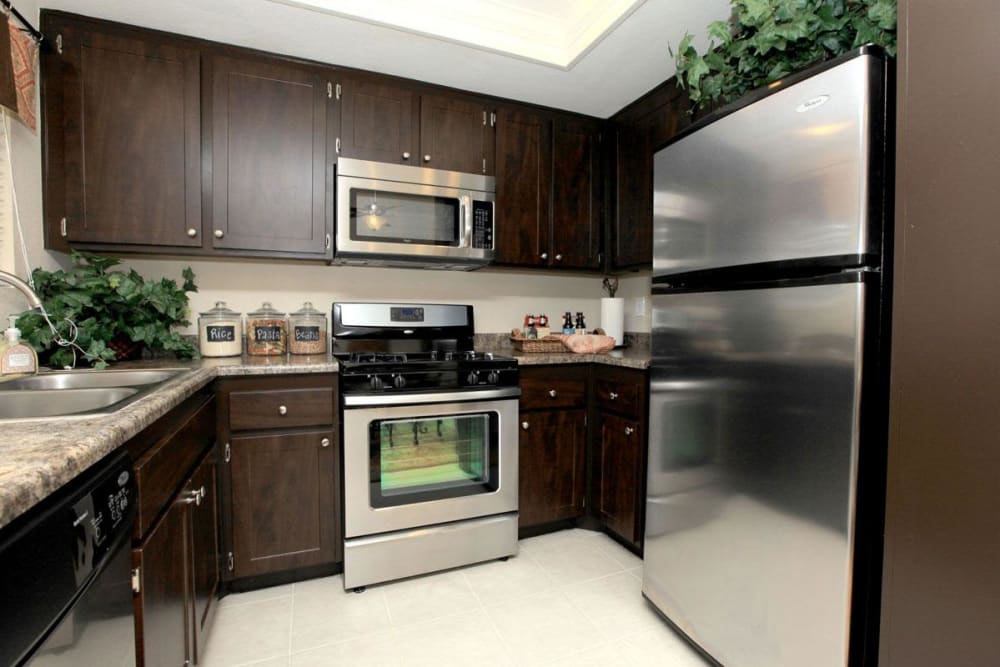 Kitchen with ceramic tile flooring at Village Oaks in Chino Hills, California