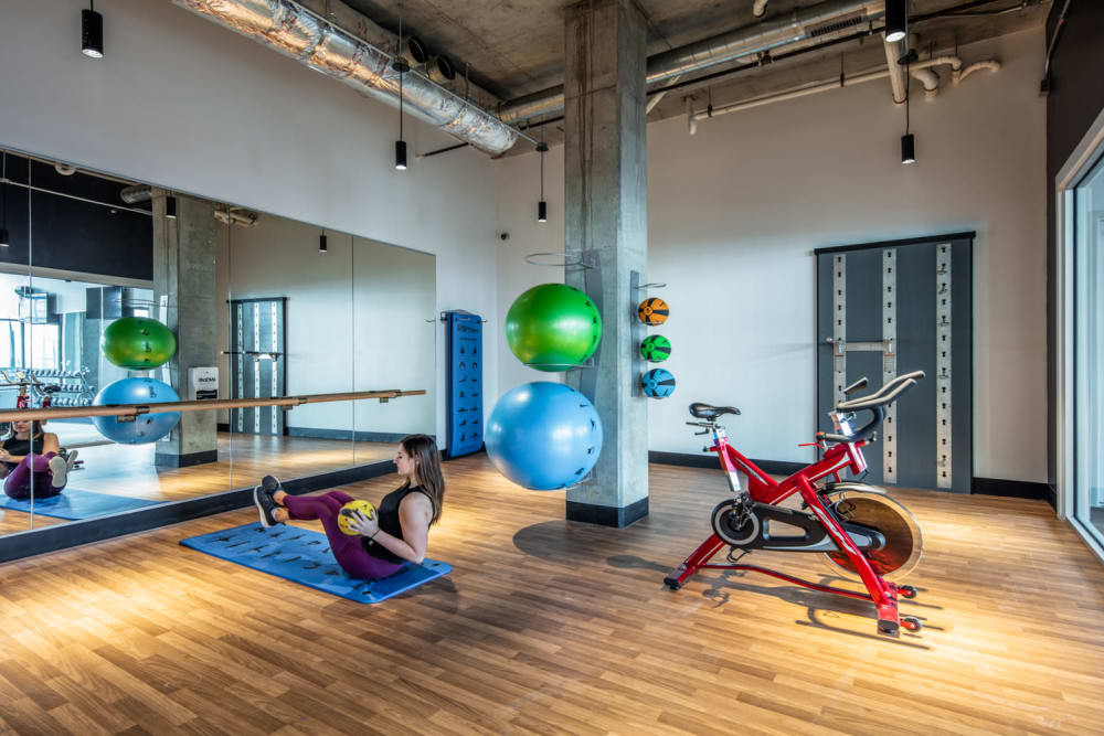 Yoga studio with spin bikes at evolve Bloomington in Bloomington, Indiana