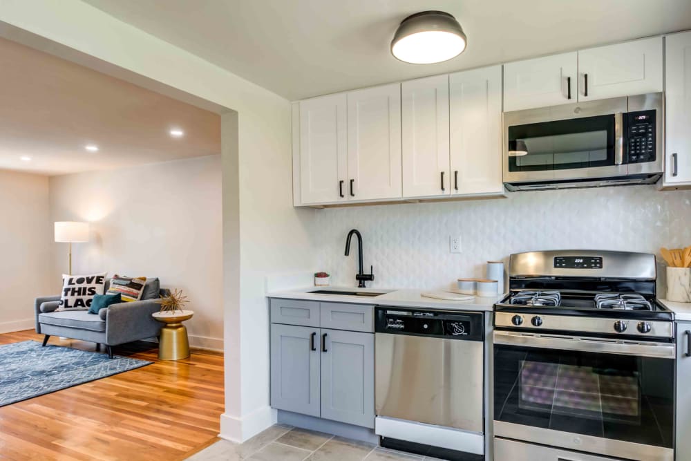 Beautiful modern kitchen with stainless steel appliances at Haven New Providence in New Providence, New Jersey