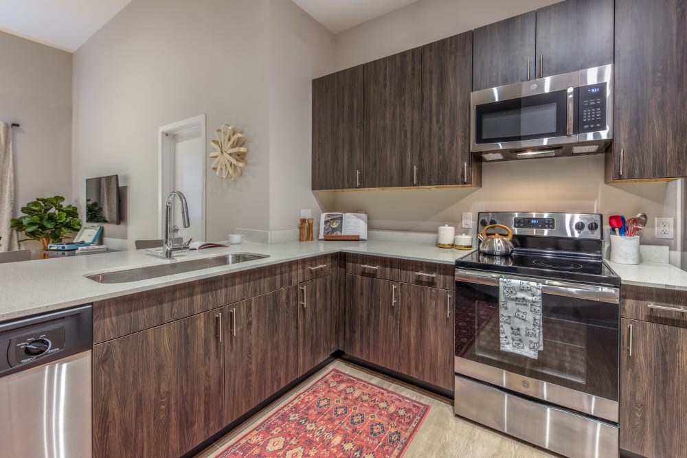 Kitchen with plenty of cabinet space at evolve Bloomington in Bloomington, Indiana