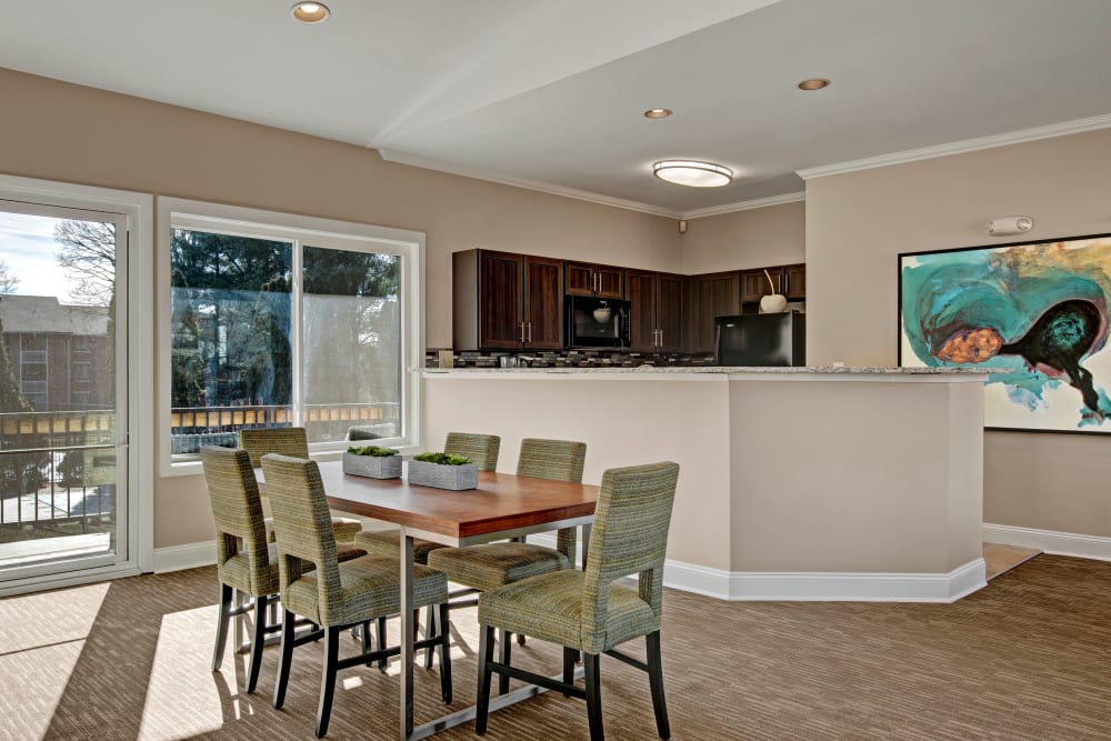 Dining area with a view of the clubhouse kitchen at West Springfield Terrace in Springfield, Virginia