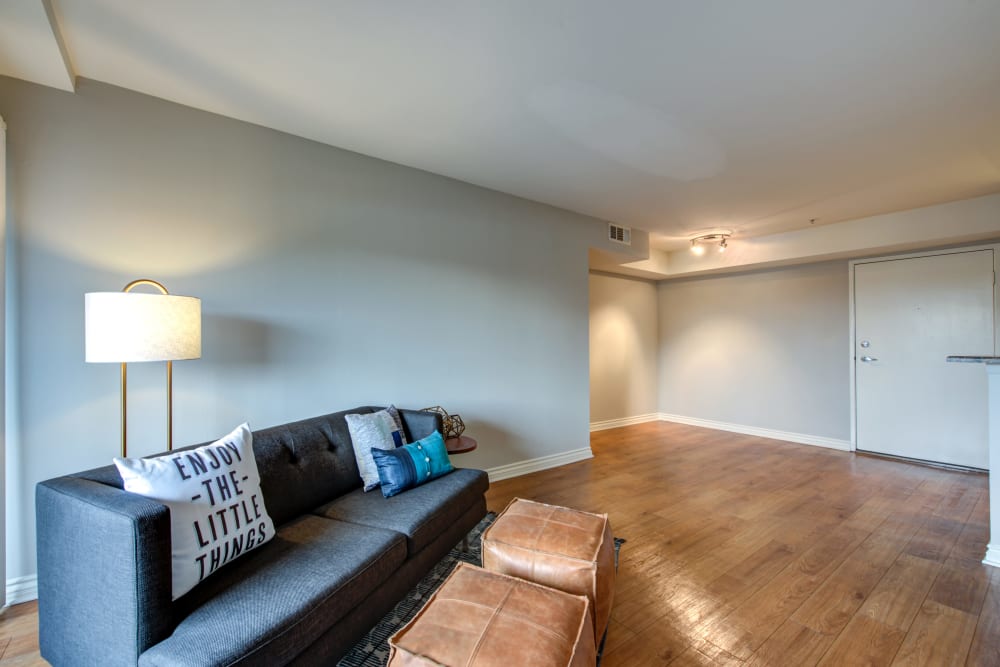 A large apartment living room with hardwood floors at Vue at Laurel Canyon in Valley Village, California