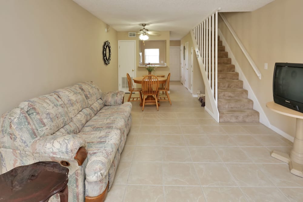 Downstairs living room at Stonewood Townhomes in Melbourne, Florida