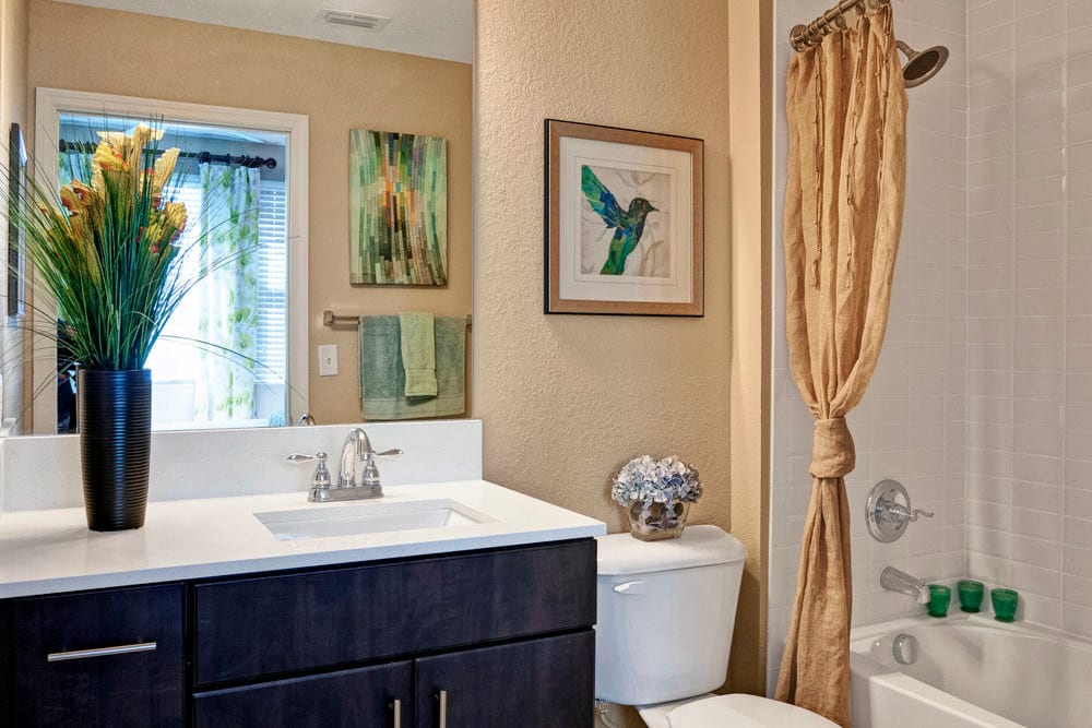 Bathroom with large vanity mirror features a shower bathtub in this apartment at City Center on 7th Apartment Homes in Pembroke Pines, Florida