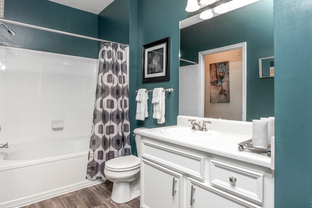 Bathroom featuring green walls and shower bathtub at Eastwood Village in Stockbridge, Georgia