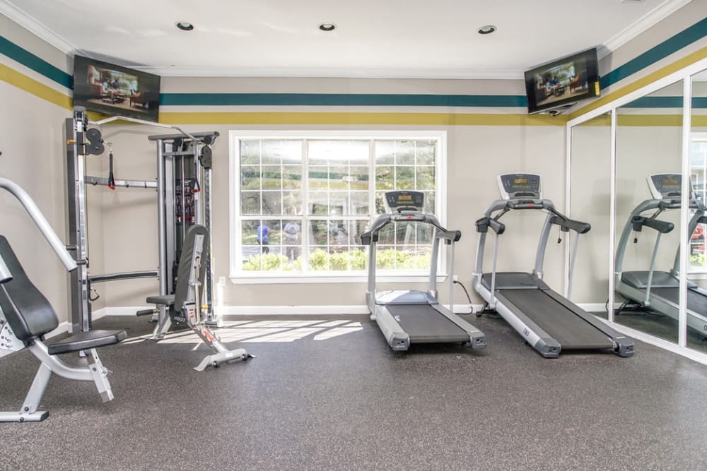 Treadmill and other exercise equipment in the light and bright fitness room at Eastwood Village in Stockbridge, Georgia