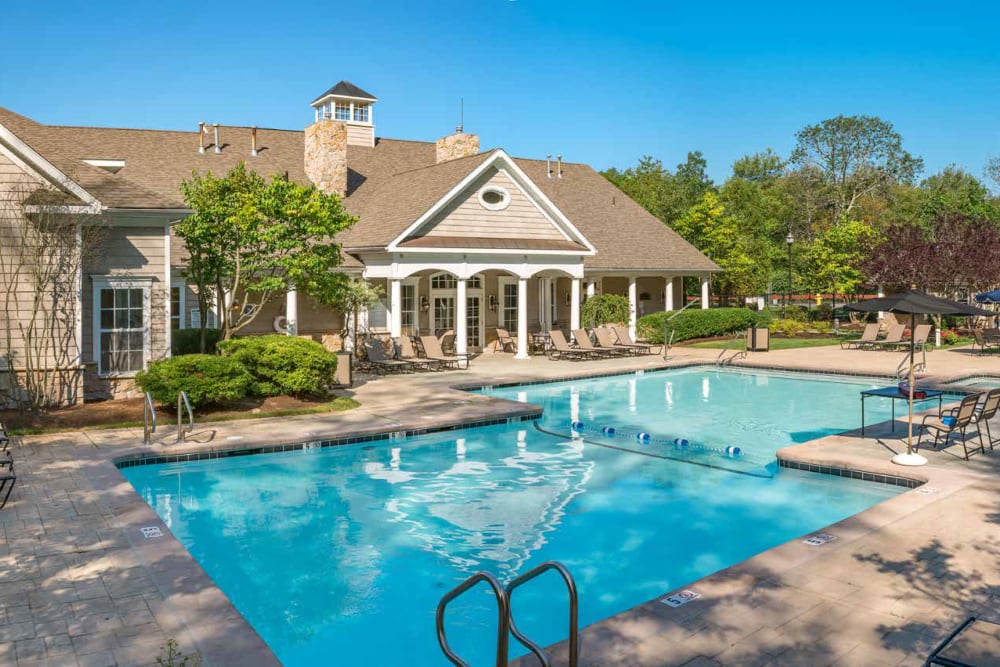 Community clubhouse and swimming pool at Ellington Metro West in Westborough, Massachusetts