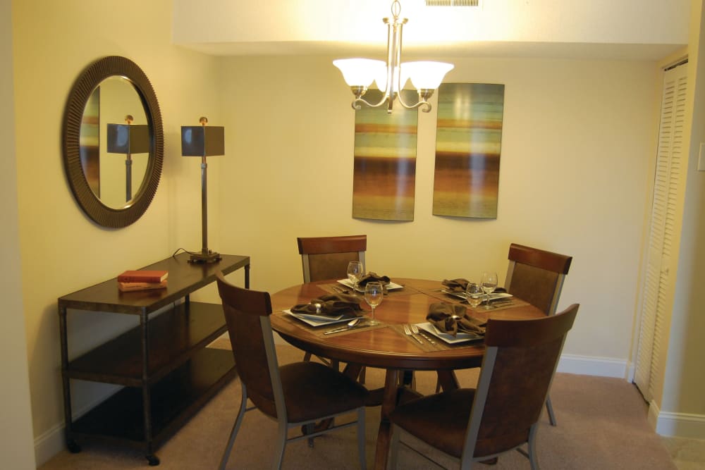 Dining room table in an apartment at The Heights At Marlborough in Marlborough, Massachusetts