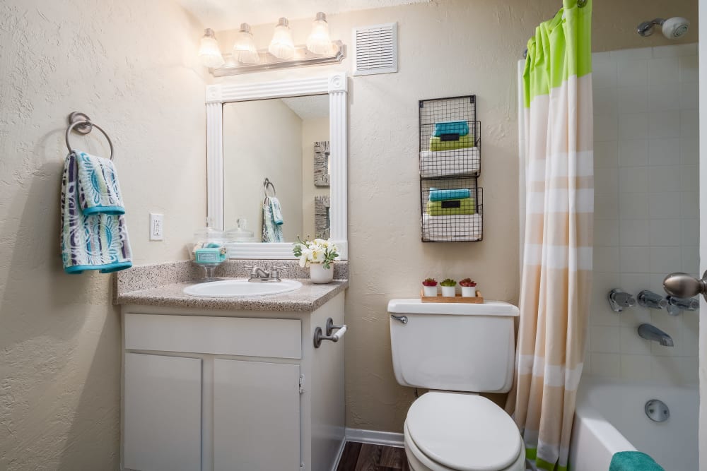 Model Bathroom with vanity mirror and oval tub at The Fairway Apartments in Plano, Texas