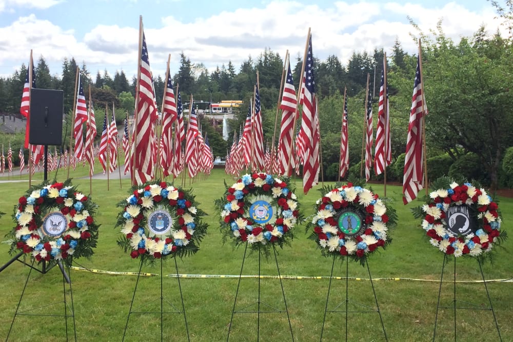 Memorial flags at Patriots Glen in Bellevue, Washington. 
