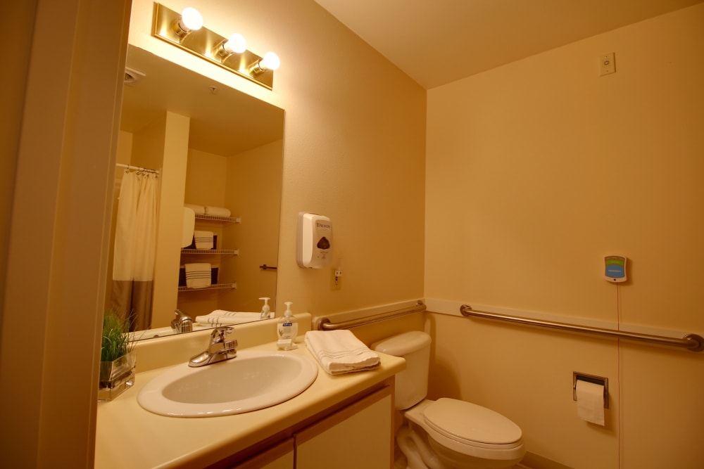 A resident bathroom at Patriots Glen in Bellevue, Washington. 