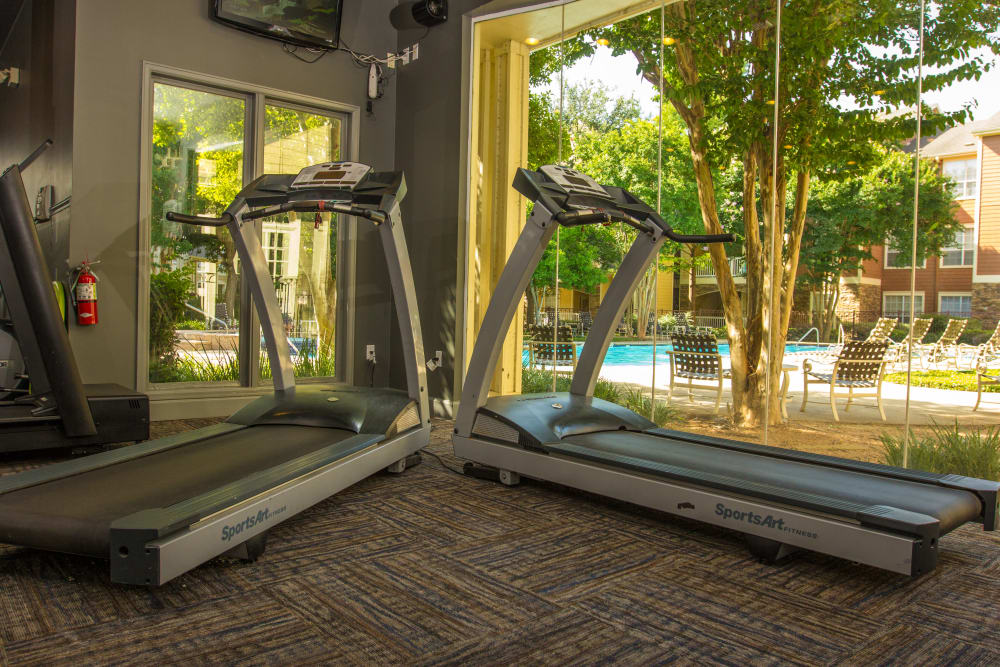 Treadmills in the fitness center at The Lodge at River Park in Fort Worth, Texas