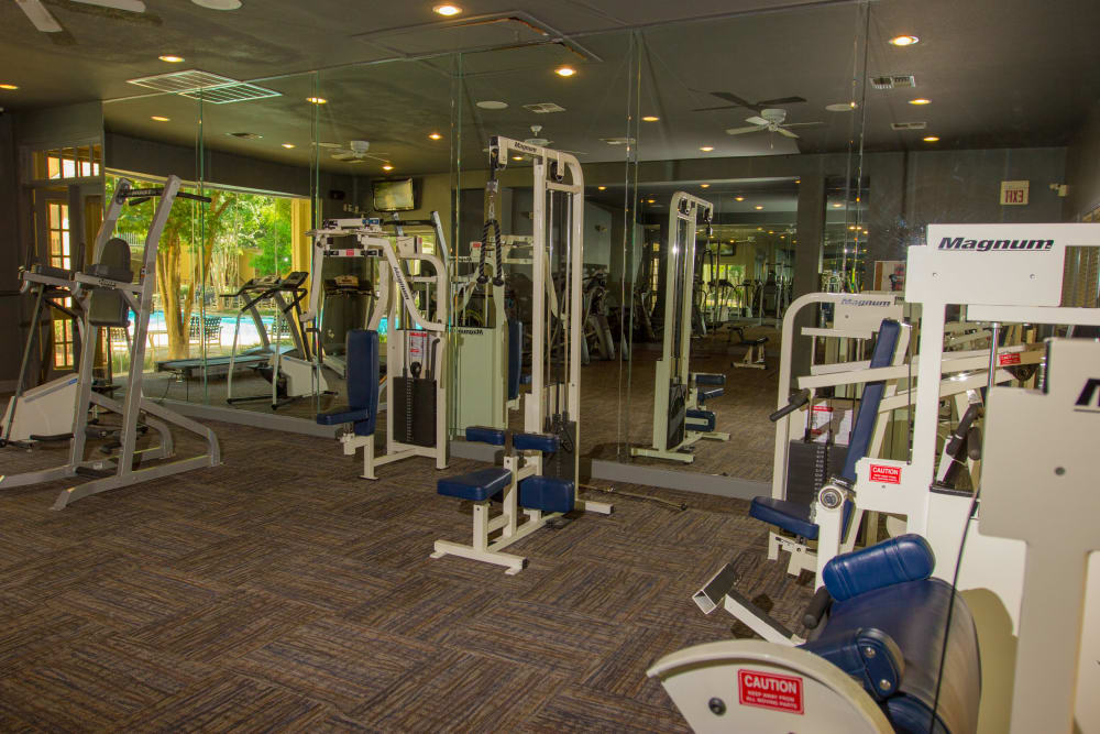 Large fitness center available for residents at at The Lodge at River Park in Fort Worth, Texas