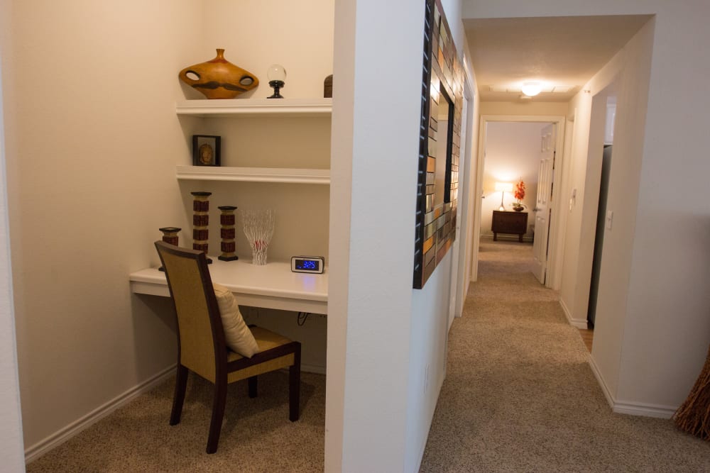 View of office nook and adjacent hallway at The Lodge at River Park in Fort Worth, Texas