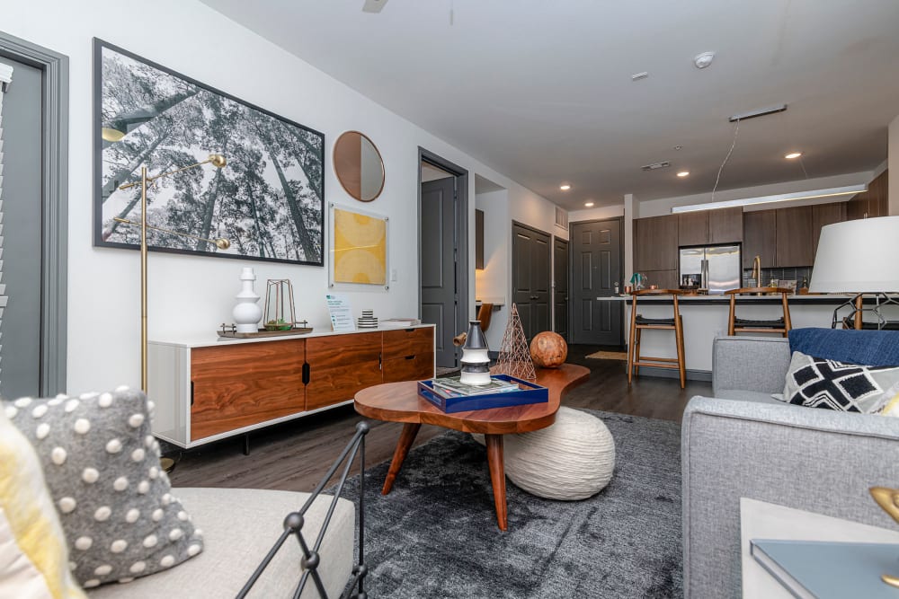 Spacious and well-furnished open-concept living area in a model home at Twin Creeks Crossing in Allen, Texas