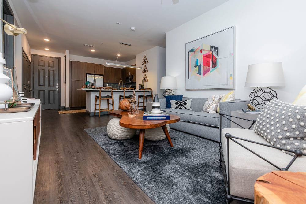 Well-furnished living area in a contemporary model apartment at Twin Creeks Crossing in Allen, Texas