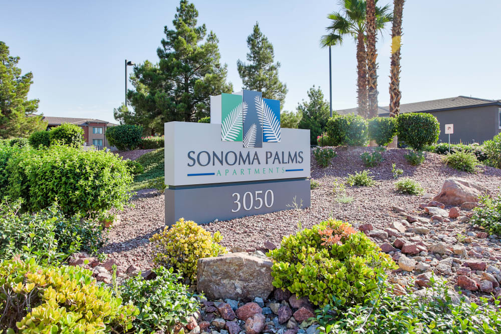 Monument sign with landscaping at Sonoma Palms Apartments in Las Vegas, NV