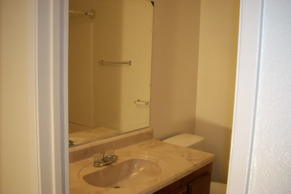 Model bathroom at El Potrero Apartments in Bakersfield, California