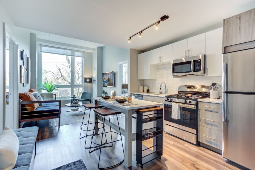 Kitchen with stainless steel kitchen at The Link Evanston in Evanston, Illinois