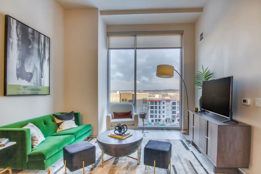 Living room with a view at The Link Minneapolis in Minneapolis, Minnesota