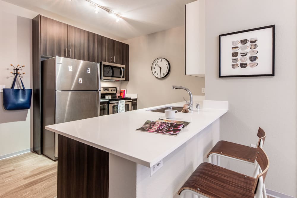 Fully equipped kitchen at evolve on Main in Pullman, Washington