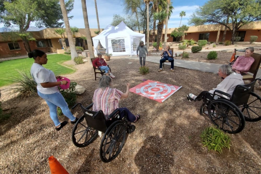 Residents enjoying nature surronding Woodland Palms Memory Care in Tucson, Arizona
