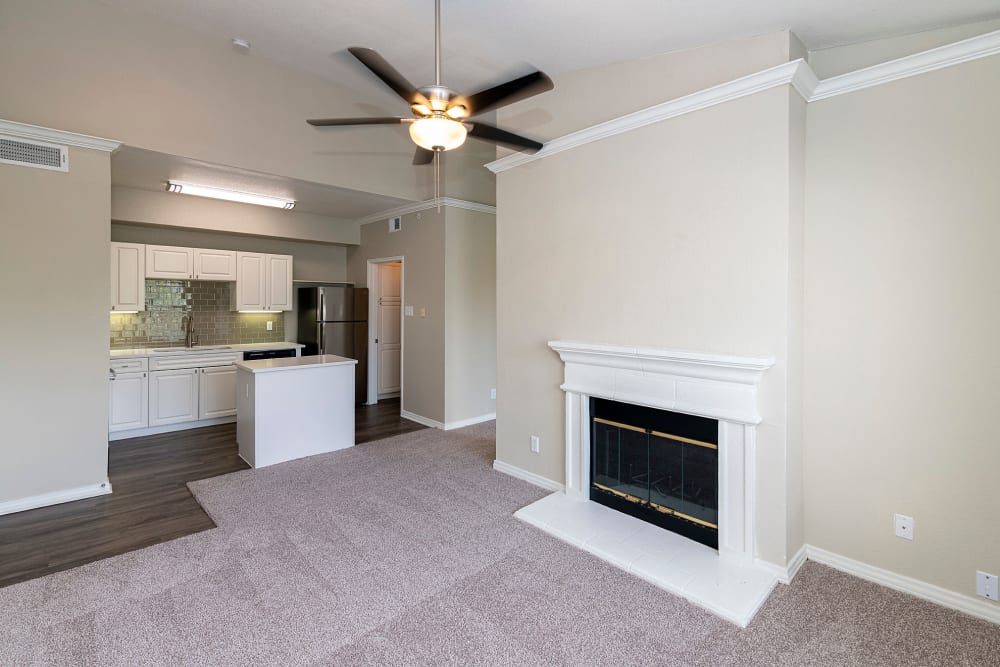 Fireplace in the model family room at The Lyndon in Irving, Texas