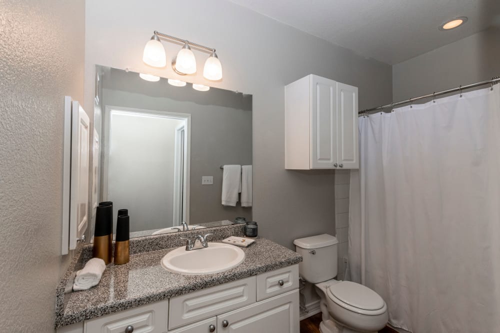 Guest bathroom with large vanity mirror at The Lyndon in Irving, Texas