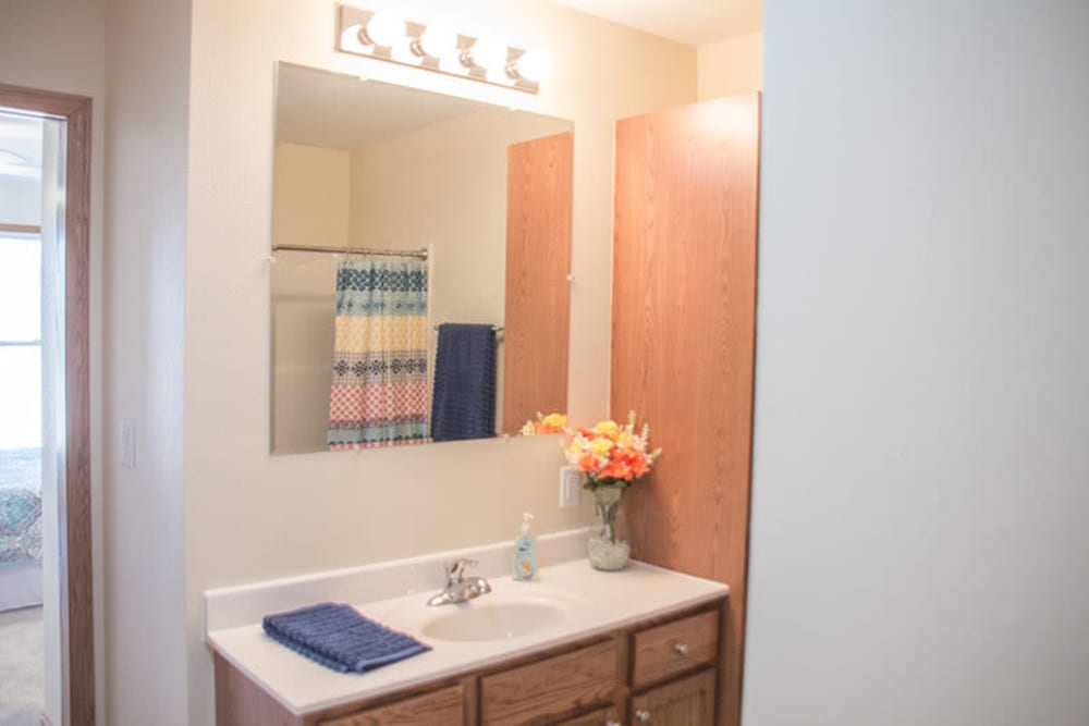 Bathroom sing and mirror in a townhome at Arlington Place Oelwein in Oelwein, Iowa