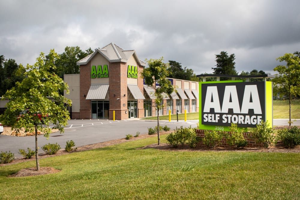 Sign at the entry to AAA Self Storage at Eastchester Dr in High Point, North Carolina