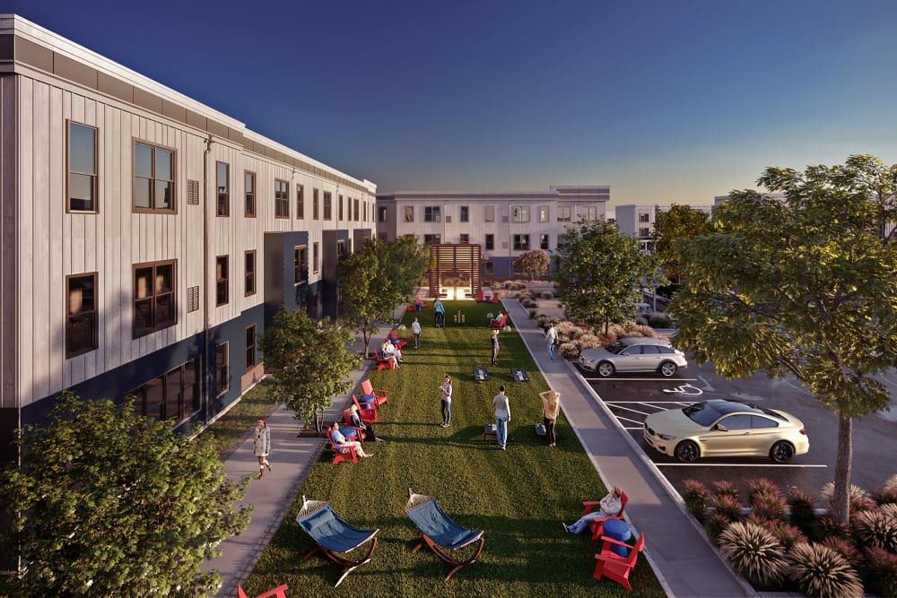 Outdoor courtyard lounge at LATITUDE on Hillsborough in Raleigh, North Carolina