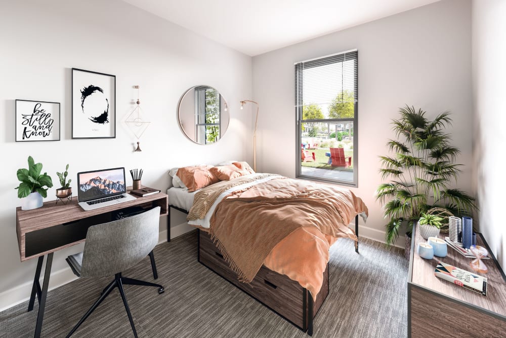 Bright, spacious bedroom at LATITUDE on Hillsborough in Raleigh, North Carolina