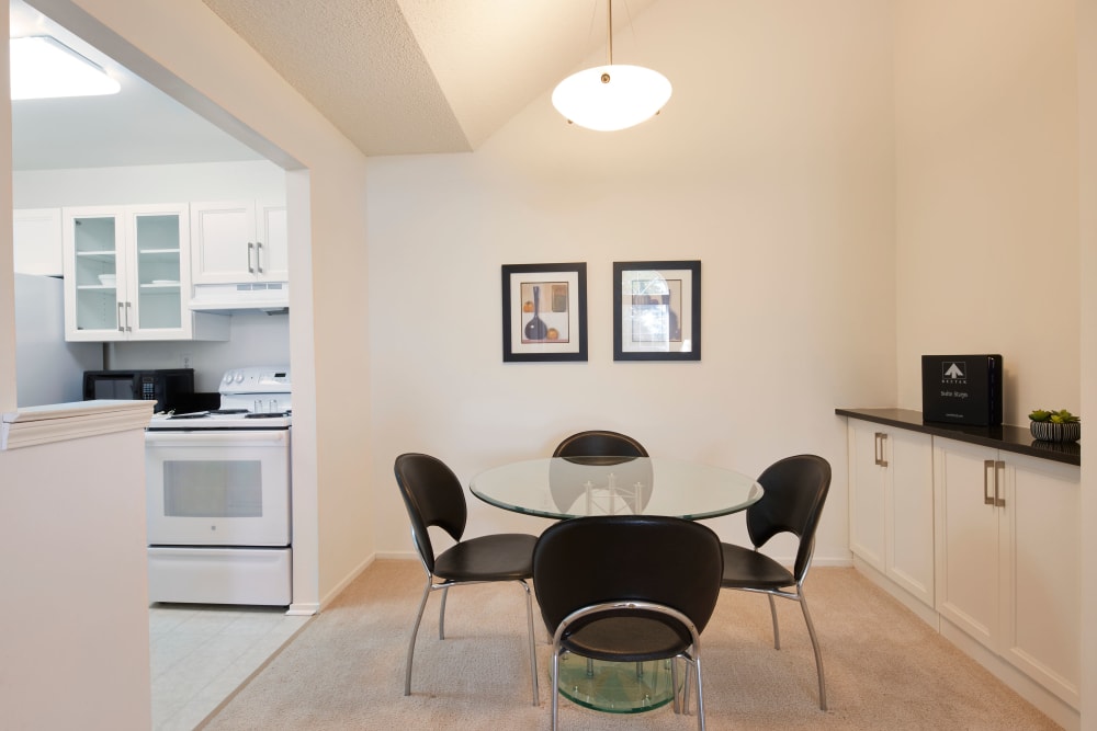Dining nook adjacent to model kitchen at Citation Club in Farmington Hills, Michigan