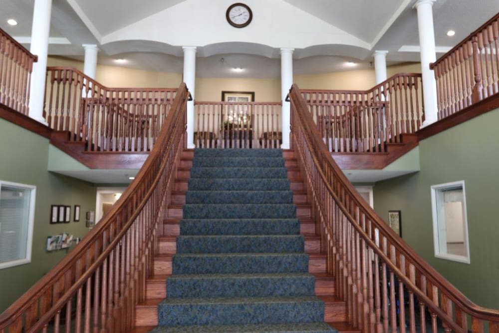 Stairs leading to the second floor inside Keelson Harbour in Spirit Lake, Iowa