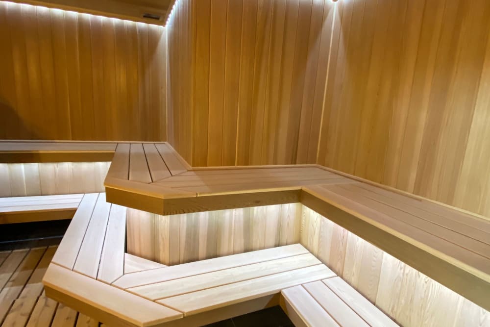 Wooden sauna at Monarch at Ridge Hill in Yonkers, New York