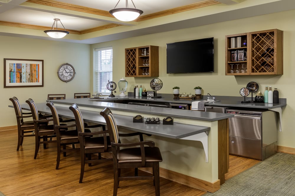 Community kitchen in a lounge at Edencrest at Beaverdale in Des Moines, Iowa