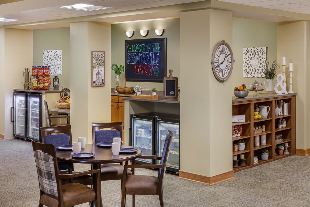 Snack bar in the resident lounge at Edencrest at Beaverdale in Des Moines, Iowa