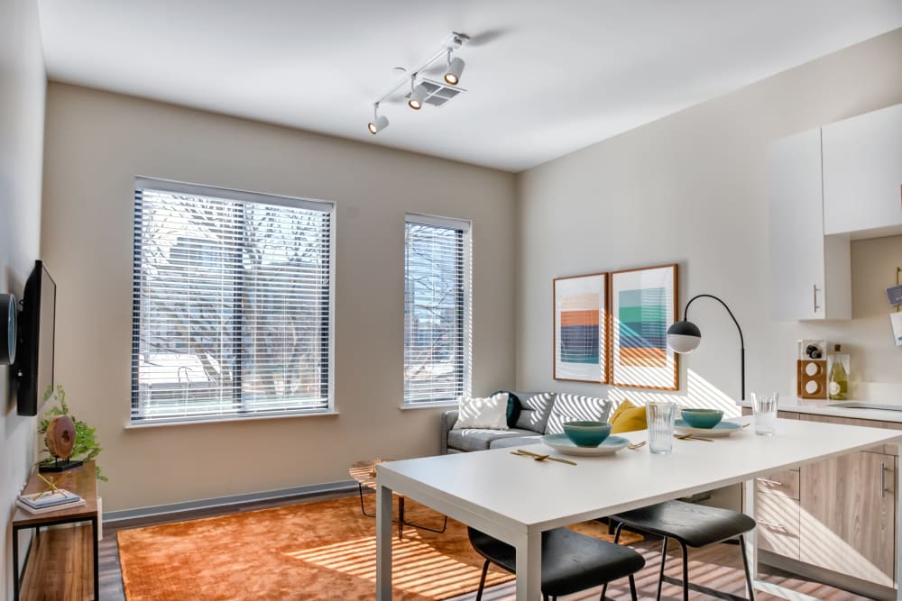 Living room with wood style flooring at The Link University City in Philadelphia, Pennsylvania