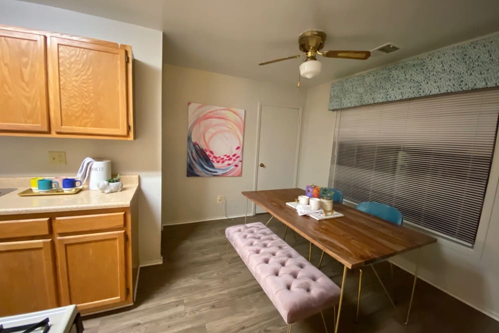 Dining area in a model home at The Timbers at Long Reach Apartments in Columbia, Maryland